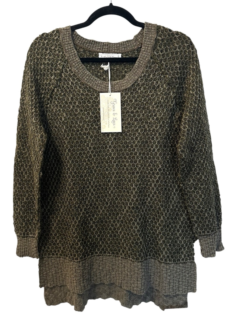 Grace & Lace Textured Honeycomb Scoop Neck Hi-Low Hem Sweater Olive SZ S/M NWT